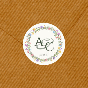 Modern Rustic Wildflower Monogram Wedding Classic Round Sticker