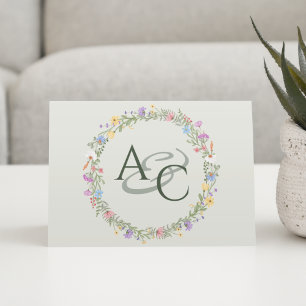 Modern Rustic Wildflower Monogram Wedding Thank You Card