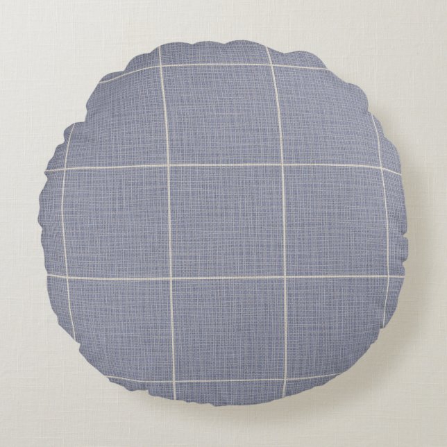 Modern Rustic Windowpane Plaid Linen Blue Round Cushion (Front)