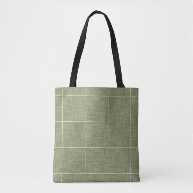 Modern Rustic Windowpane Plaid Linen Green Tote Bag (Front)