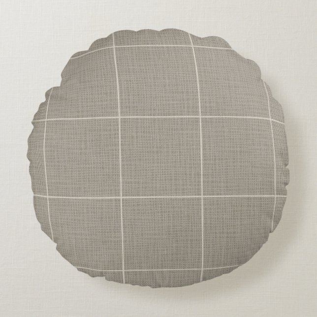 Modern Rustic Windowpane Plaid Linen Grey Round Cushion (Front)