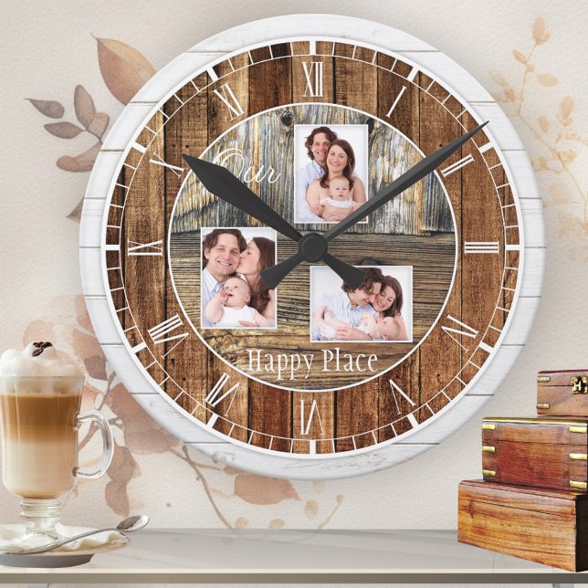 Modern Rustic Wood 3 Photos Round Clock (Rustic classic wall clock featuring printed wood panels with your own custom photos)