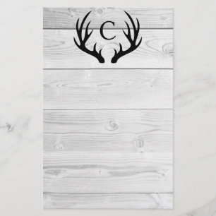 Modern Rustic Wood & Black Deer Antlers Monogram Stationery