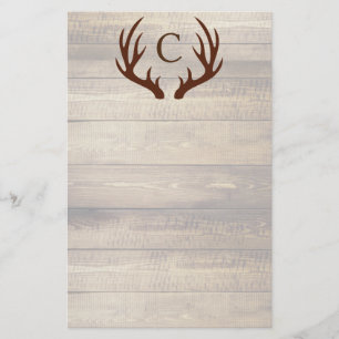 Modern Rustic Wood & Brown Deer Antlers Monogram Stationery
