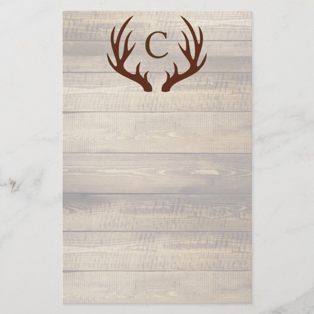 Modern Rustic Wood & Brown Deer Antlers | Monogram Stationery (Front)