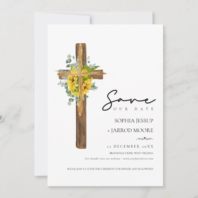 Modern Rustic Wood Cross Flower Greenery Wedding Save The Date (Front)