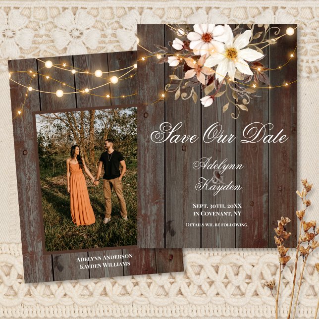 Modern Rustic Wood Floral Lights Wedding Save The Date (Creator Uploaded)