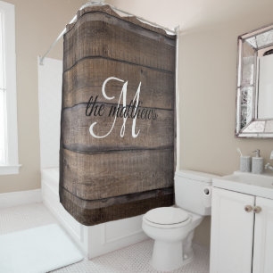 Modern Rustic Wood Monogram Oak Country Farmhouse  Shower Curtain