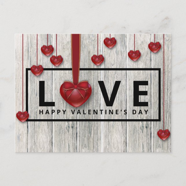 Modern Rustic Wood Valentine's Day LOVE Red Hearts Postcard (Front)