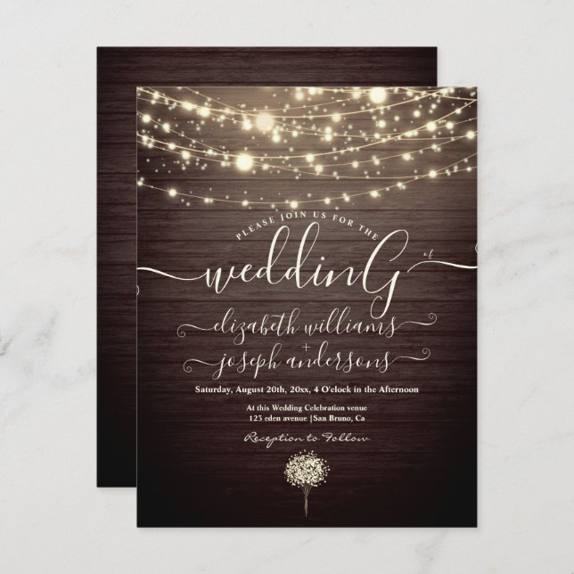 Modern Rustic Wood & White Lights String wedding  Invitation (Front/Back)