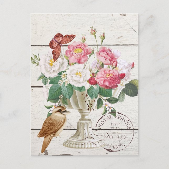 Modern rustic wood with flowers Botanical artwork Postcard (Front)