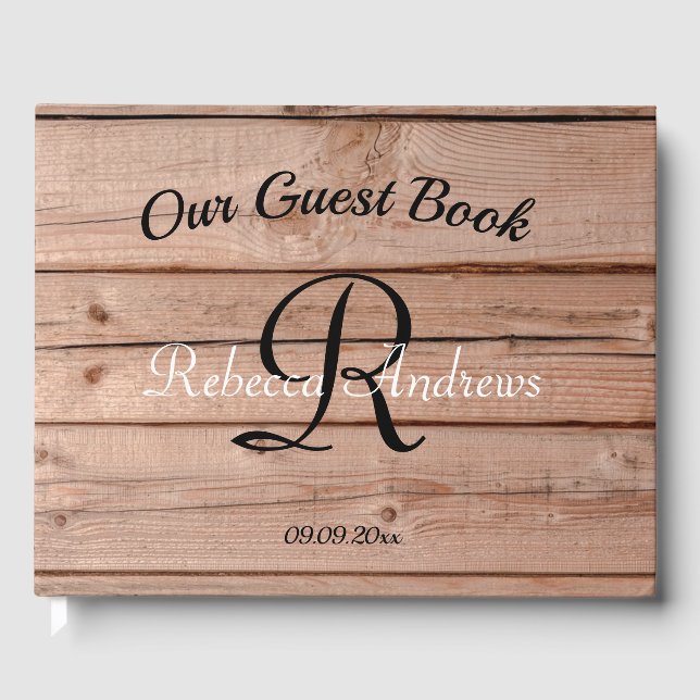 Modern Rustic Wooden Monogram Guest Book (Front)