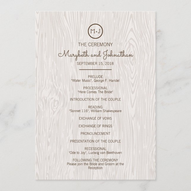 Modern Rustic Woodgrain Wedding Ceremony Program Programme (Front)