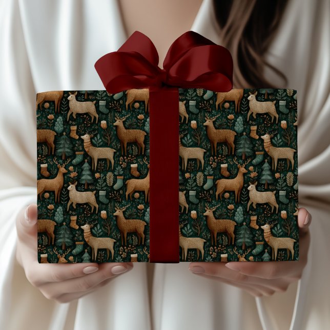 Modern Rustic Woodland Deer & Pine Tree Christmas  Wrapping Paper (Creator Uploaded)