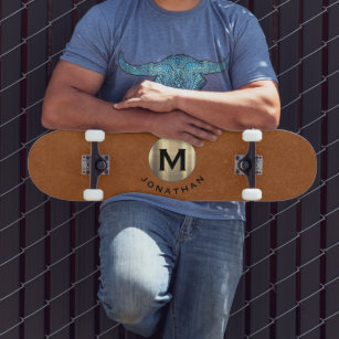 Modern Sable Leather Gold Monogram Skateboard