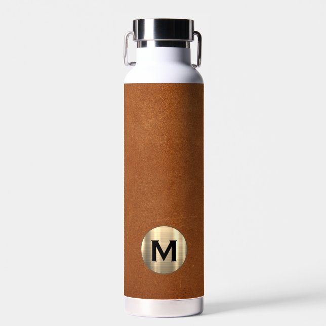 Modern Sable Leather Gold Monogram Water Bottle (Front)
