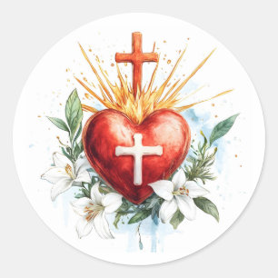 Modern Sacred Heart Of Jesus catholic floral Cross Classic Round Sticker