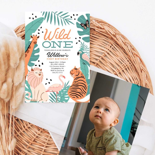 Modern Safari Animals Wild One Photo Invitation (Creator Uploaded)