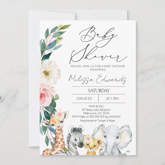 Modern Safari Blush Boho Floral Baby Shower Invitation (Front)