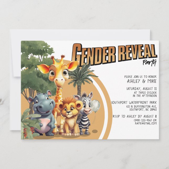 Modern Safari Cute Baby Animals Gender Reveal Invitation (Front)