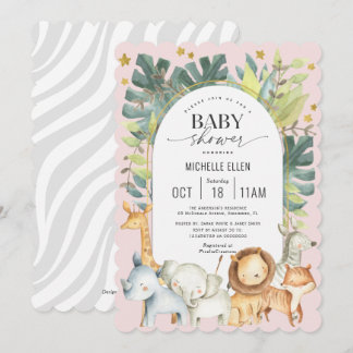 Modern Safari themed watercolor pink baby girl  Invitation