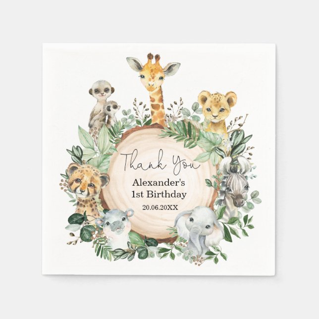 Modern Safari Wild Animals Greenery Party Napkin (Front)