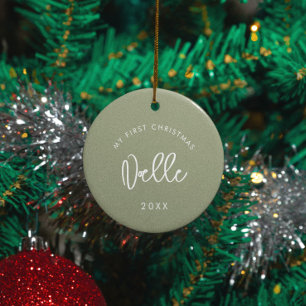 Modern Sage Baby's First Christmas Photo Ceramic Tree Decoration