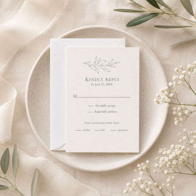 Modern Sage Botanical RSVP Card (Modern Sage Botanical RSVP Card on an elegant table with tiny flowers)