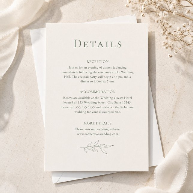 Modern Sage Botanical Wedding Details Card (Modern Sage Botanical Wedding Details Card on an elegant table with tiny white flowers)