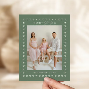 Modern Sage Bow Pattern Family Photo Christmas Postcard