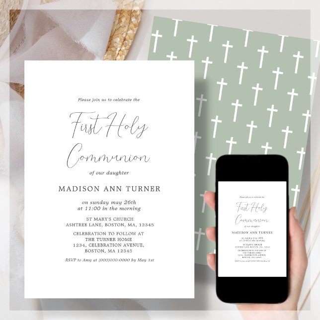 Modern Sage Cross | First Communion Invitation (Creator Uploaded)