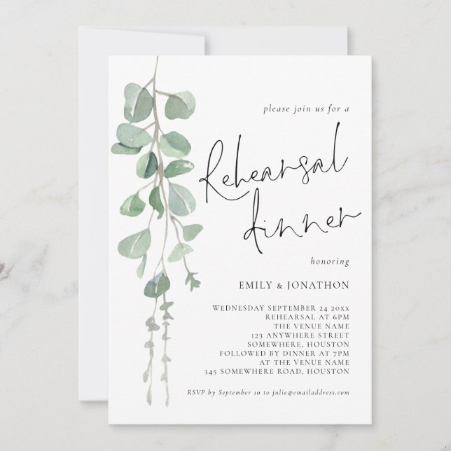 Modern Sage Eucalyptus Script Rehearsal Dinner Invitation (Front)