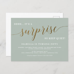 Modern Sage & Gold Script Surprise Birthday Party Invitation Postcard