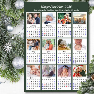 Modern Sage Green 2026 Calendar 12 Photo Collage Holiday Card