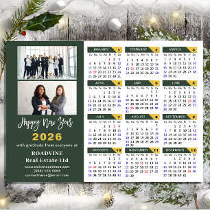 Modern Sage Green 2026 Calendar Business 2 Photo Holiday Card