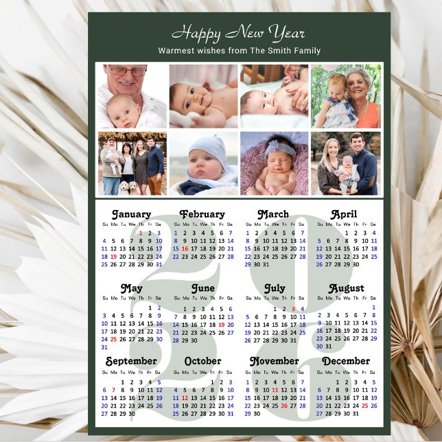 Modern Sage Green 2026 Calendar Family 8 Photo Holiday Card (Creator Uploaded)
