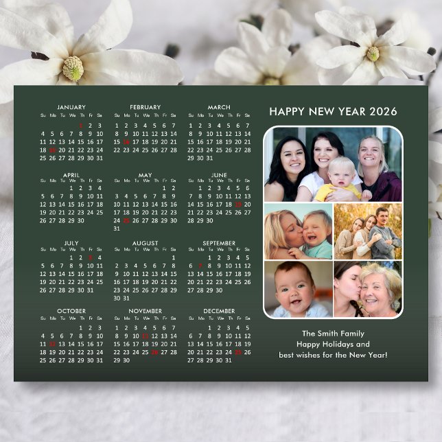 Modern Sage Green 2026 Calendar Minimalist 5 Photo Holiday Card (Creator Uploaded)