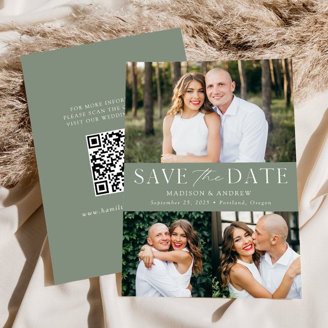 Modern Sage Green 3 Photo QR Code Save The Date (Creator Uploaded)
