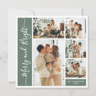 Modern Sage Green 5 Photo Merry & Bright Collage Holiday Card