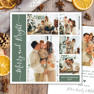 Modern Sage Green 5 Photo Merry & Bright Collage Holiday Card