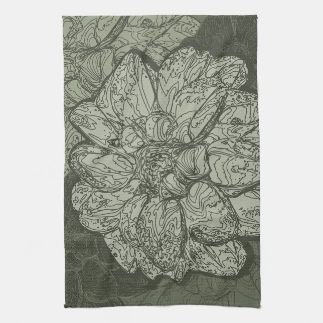 Modern Sage Green Abstract Dahlia Floral Pattern Tea Towel (Vertical)