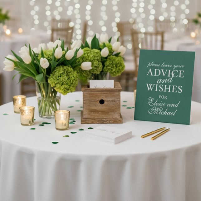 Modern Sage Green Advice and Wishes Wedding  Pedestal Sign (Invite your guests to share their well wishes with this Sage Green “Advice & Wishes" sign!)