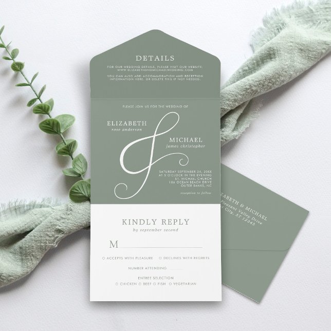 Modern Sage Green Ampersand Minimal Wedding All In One Invitation (Creator Uploaded)