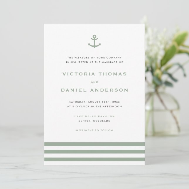 Modern Sage Green Anchor Nautical Wedding Invitation (Standing Front)