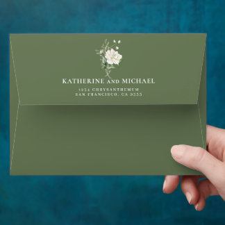Modern sage green and elegant rose ivory wedding envelope