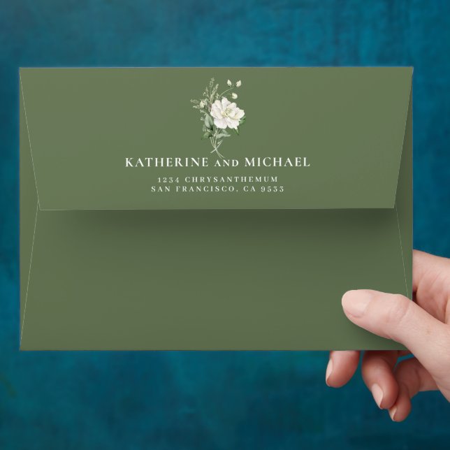 Modern sage green and elegant rose ivory wedding envelope (Hand)