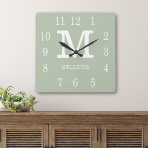 Modern Sage Green And White Family Name Monogram  Square Wall Clock