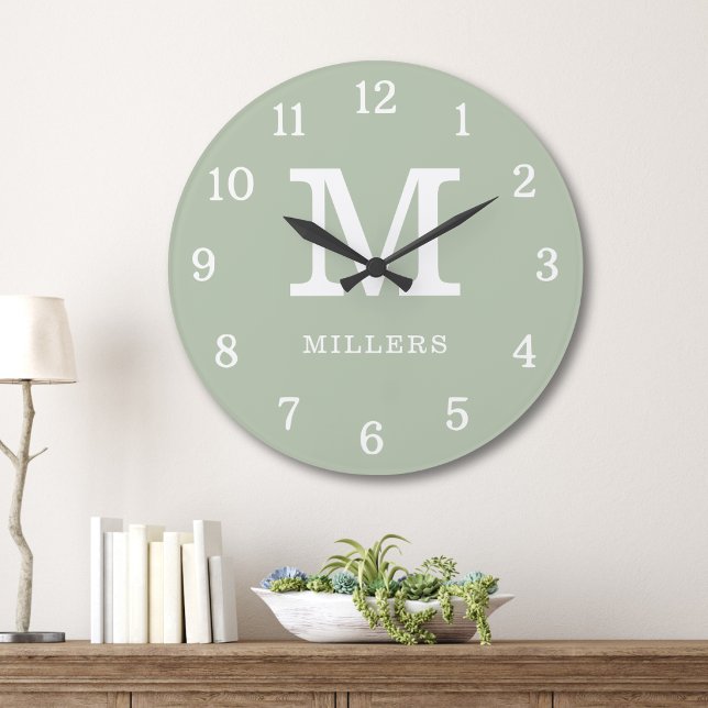Modern Sage Green And White Monogram Family Name  Large Clock (Creator Uploaded)