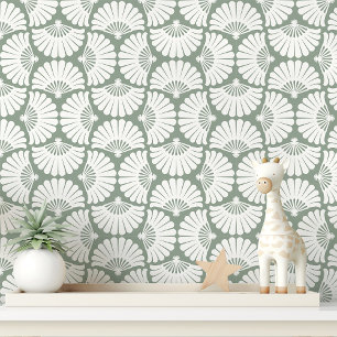Modern Sage Green And White Ogee Palm Fan Wallpaper