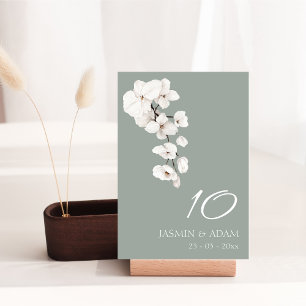 Modern Sage Green and White Orchids Wedding Table Number